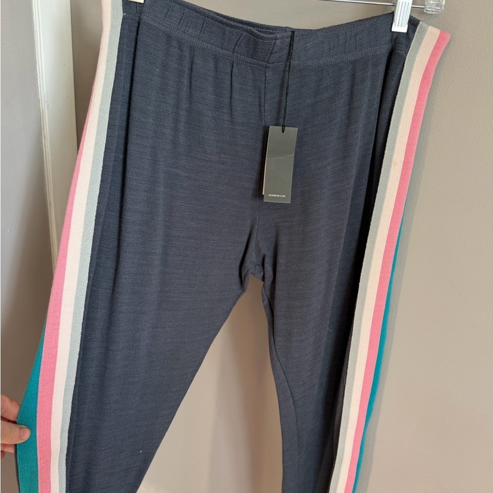 Monrow Heather Grey Rainbow Stripe Supersoft Joggers medium super soft loungers - Picture 3 of 9